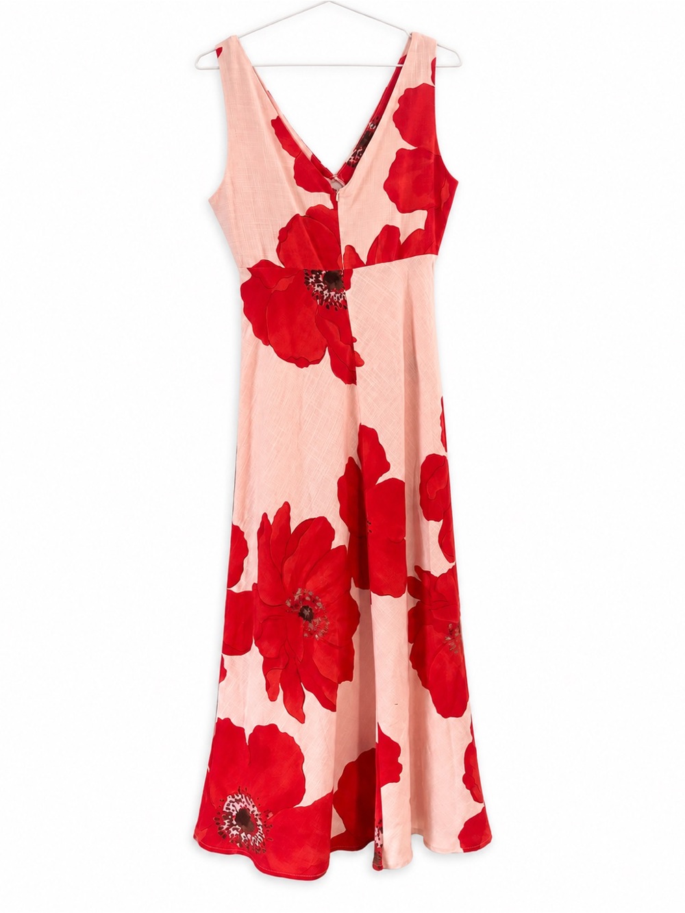 Sleeveless Pink Maxi Dress with Red Floral Print